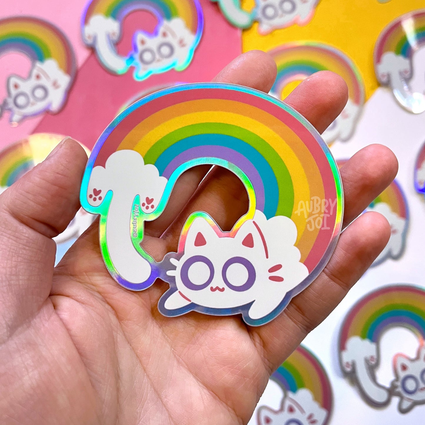 Rainbow Cloud Long Cat Holographic Vinyl Sticker