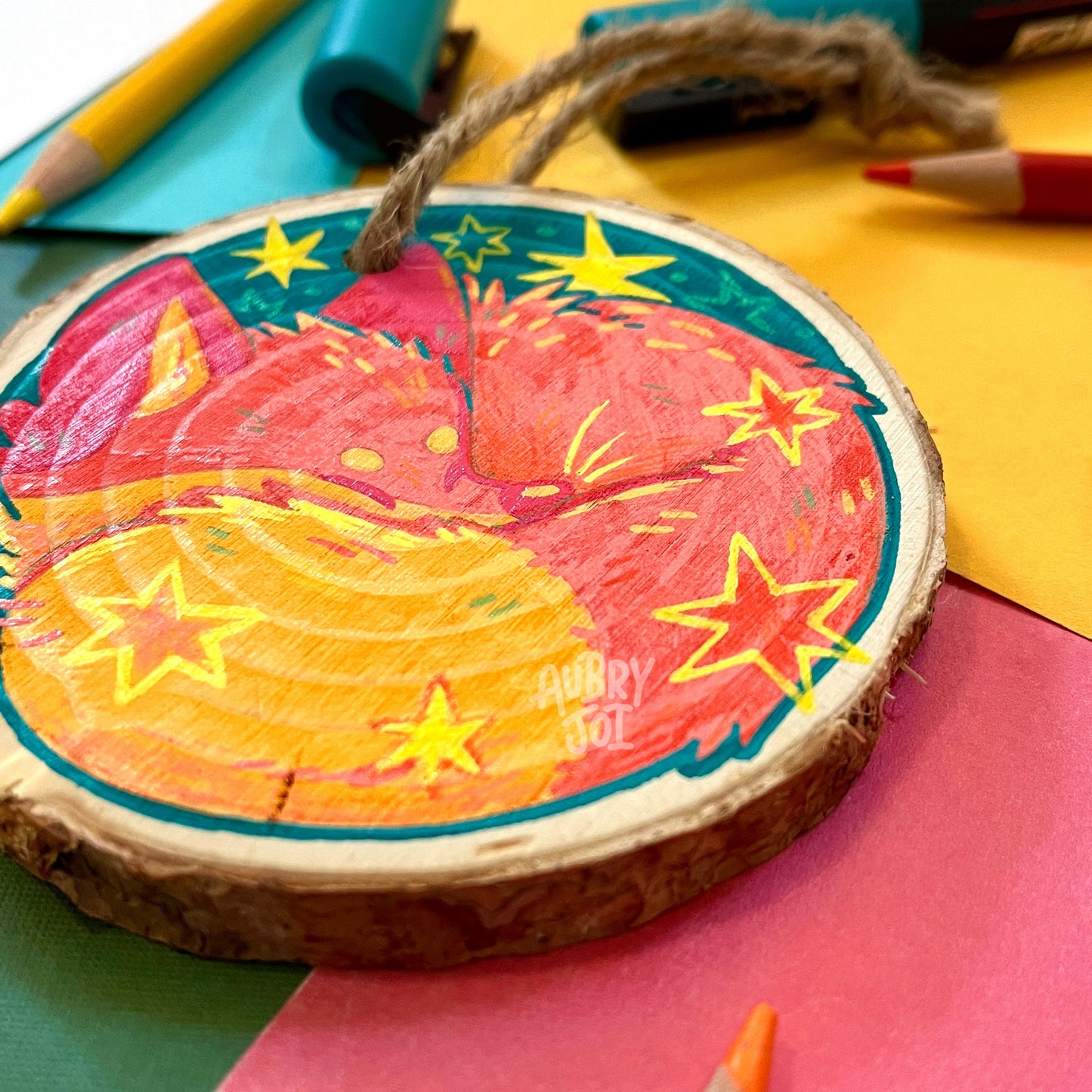 Sleepy Fox Wood Ornament - Original Painting