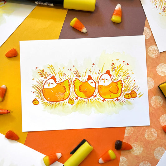 Candy Corn Chickens Art Print