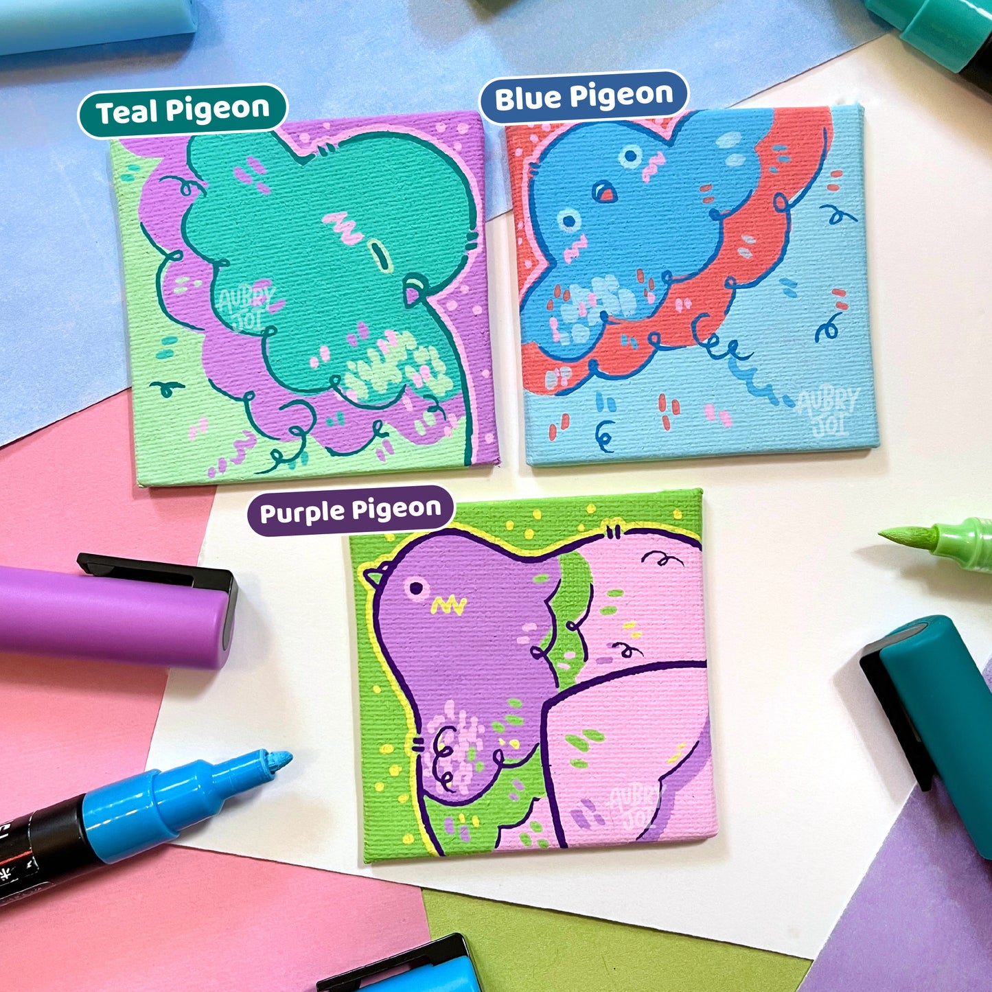 Pastel Pigeons - Original Mini Canvases