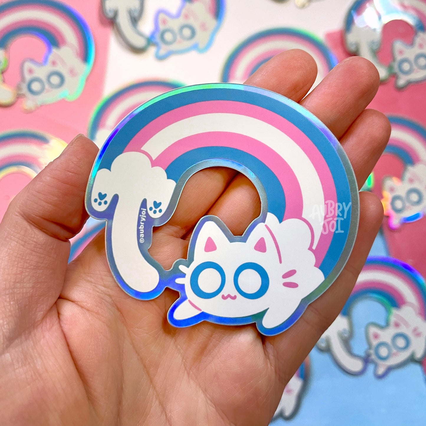 Pastel Cloud Long Cat Holographic Vinyl Sticker