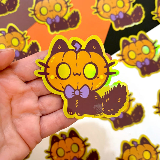Pumpkin Head Cat Holographic Vinyl Sticker