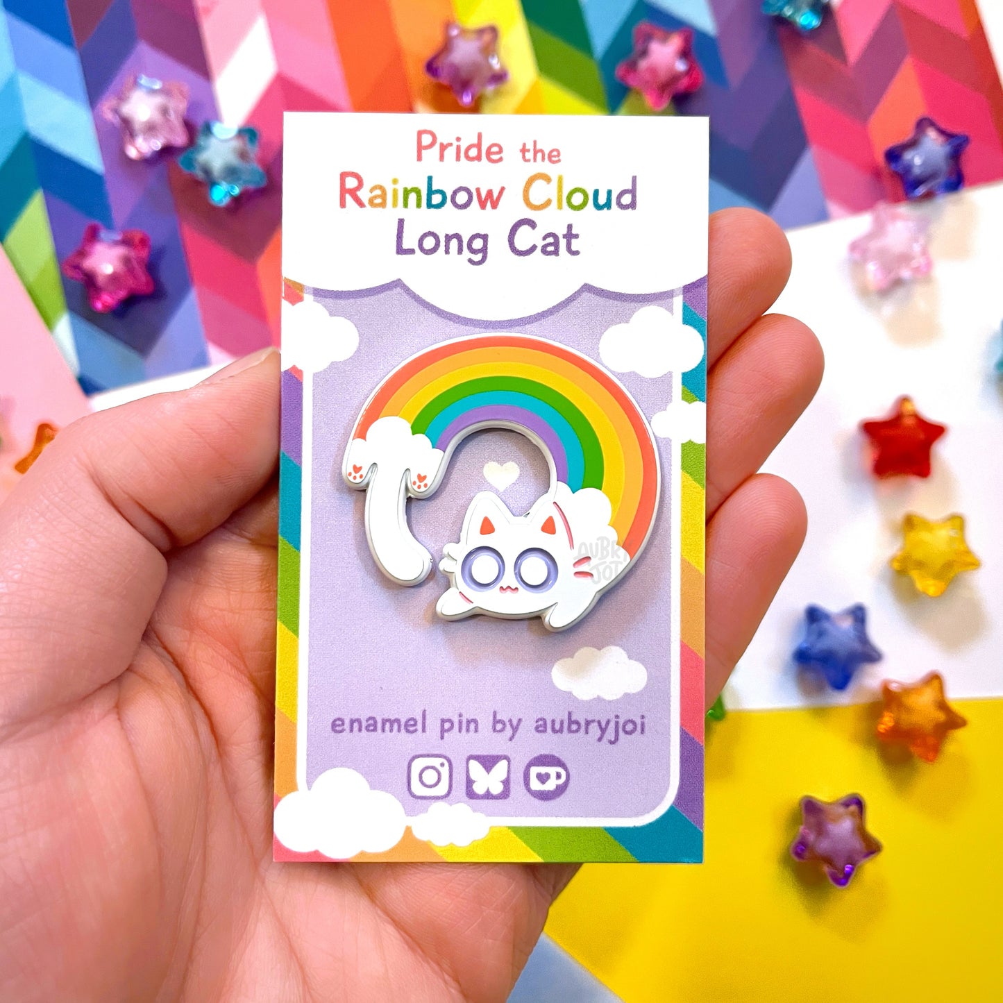 Rainbow Cloud Long Cat Enamel Pin