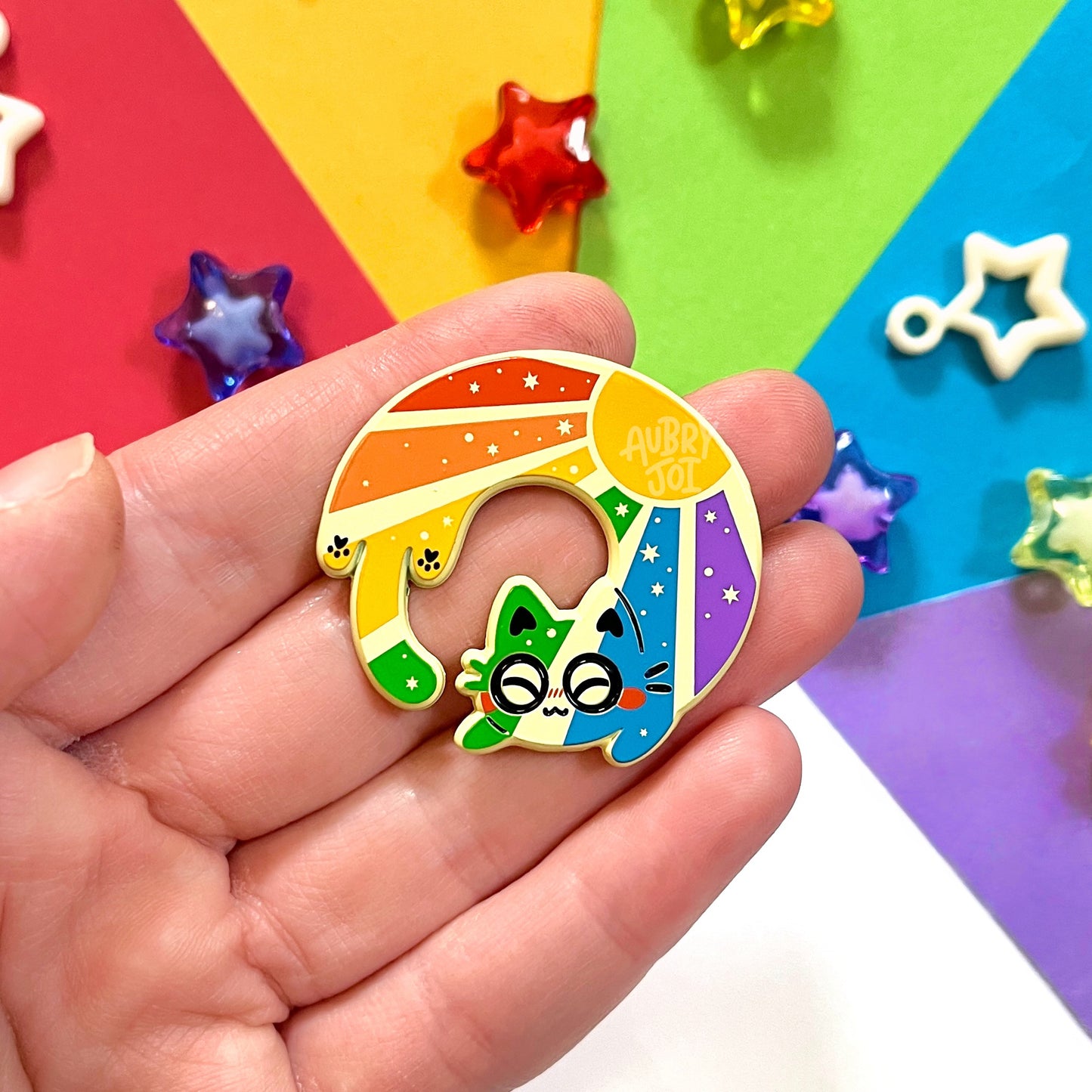 Rainbow Sun Long Cat Enamel Pin