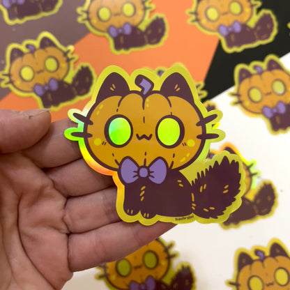 Pumpkin Head Cat Holographic Vinyl Sticker